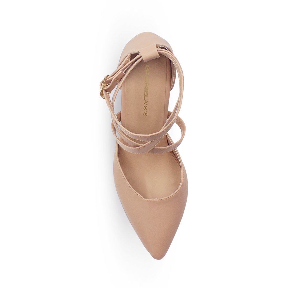 Vista superior de zapatilla maquillaje para mujer con punta fina y tiras cruzadas 