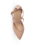 Vista superior de zapatilla maquillaje para mujer con punta fina y tiras cruzadas 