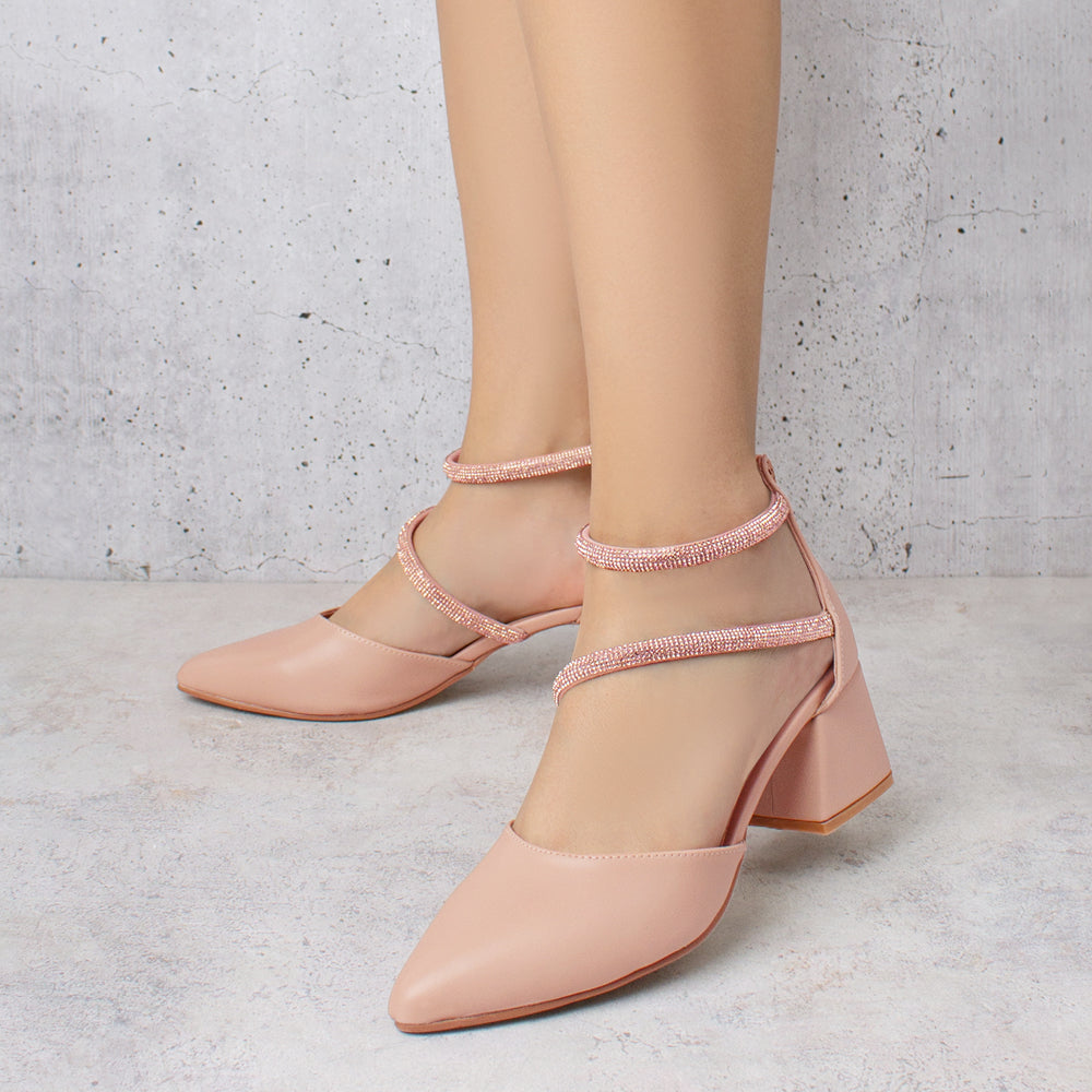 Zapatillas nudes para mujer con punta cerrada fina, pedrería y tacón bajo ancho de 6cm