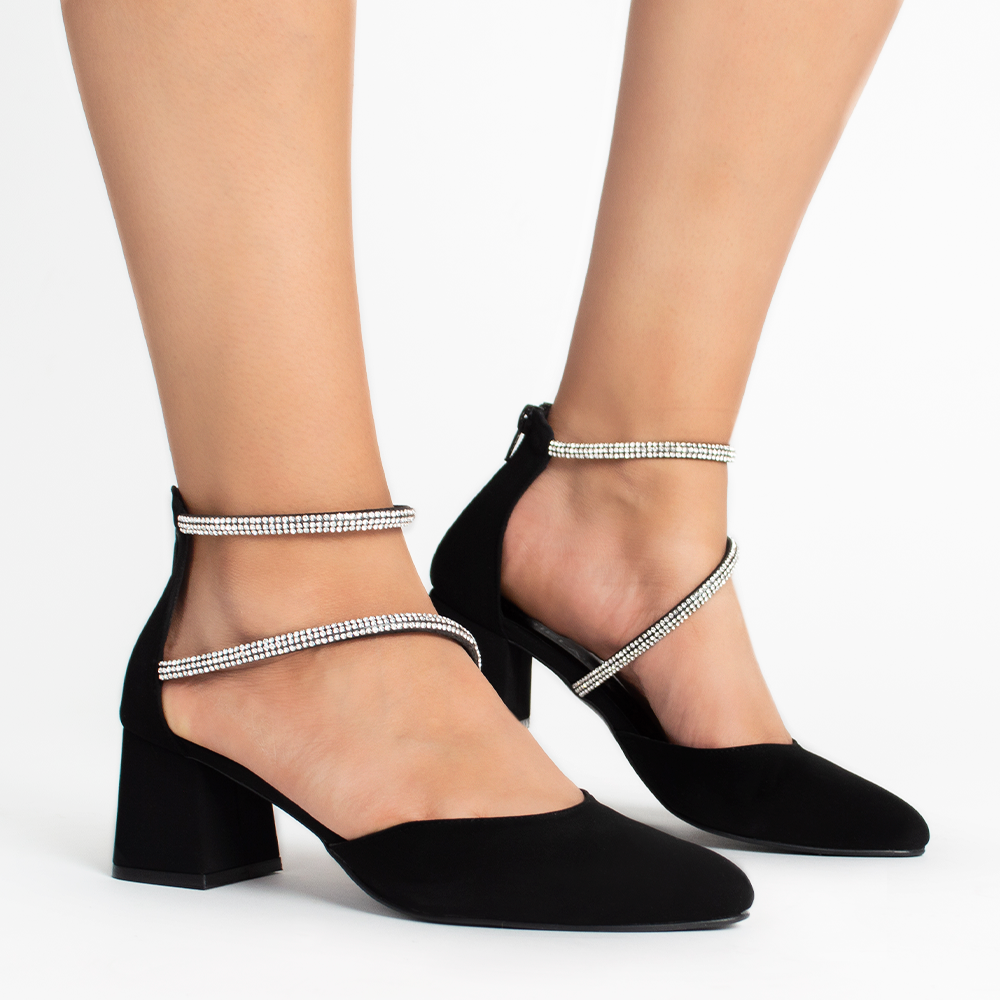 Zapatillas negras para mujer con punta cerrada fina, pedrería y tacón bajo ancho de 6cm