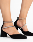 Zapatillas negras para mujer con punta cerrada fina, pedrería y tacón bajo ancho de 6cm