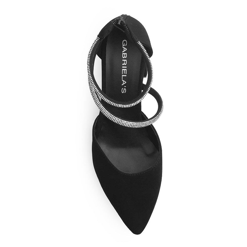 Vista superior de zapatilla para mujer con punta fina cerrada y tiras de pedrería en color negra 