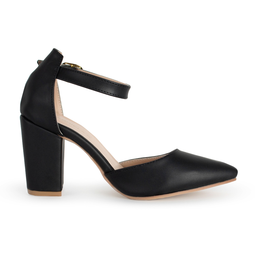 vista superior de zapatillas negras con tacón medio 8cm y terminación en punta para dama 