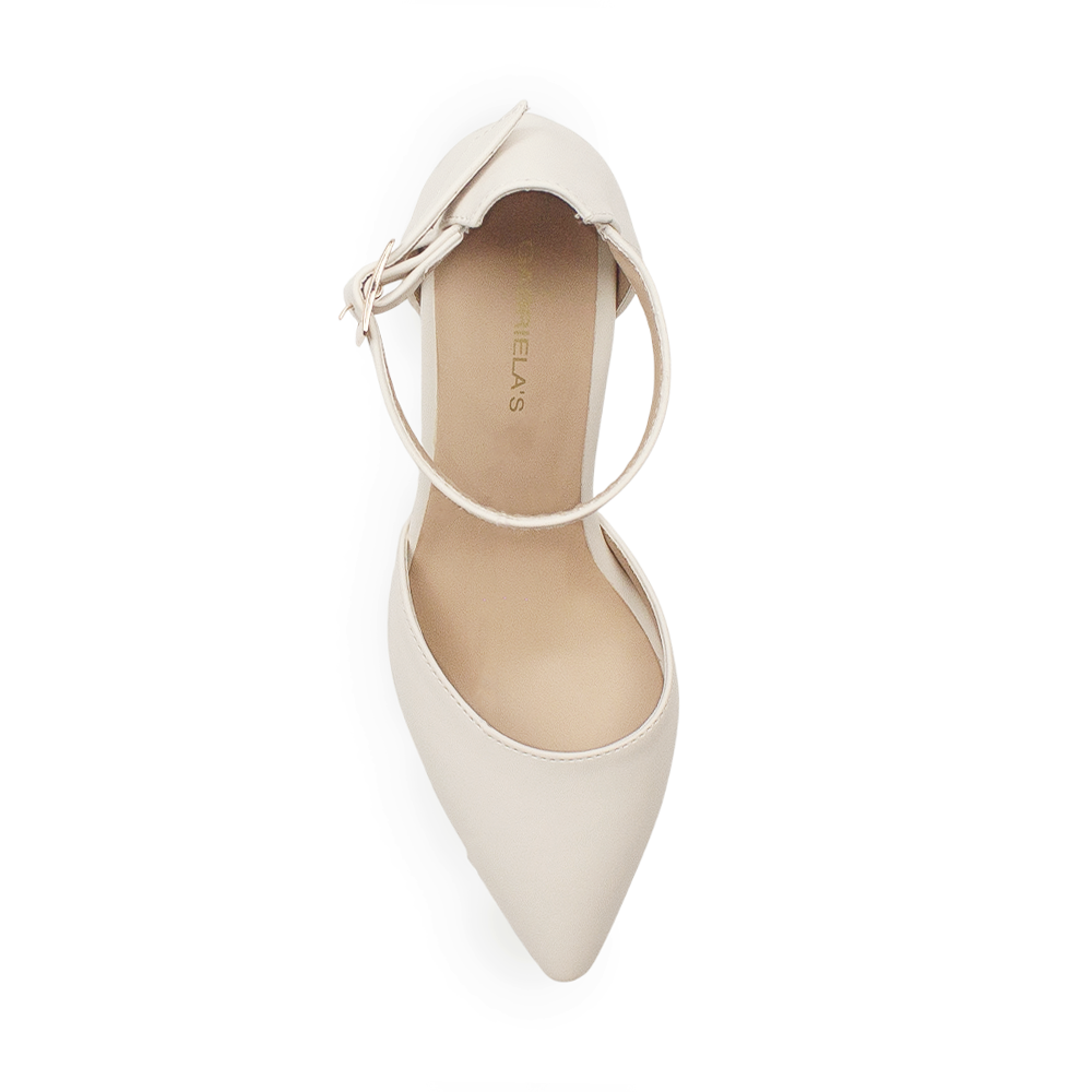 vista superior de zapatillas beige con tacón medio 8cm y terminación en punta para dama 