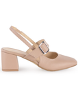 Vista lateral de zapatilla maquillaje destalonada para mujer con hebilla ajustable en empeine con tacón ancho de 5cm