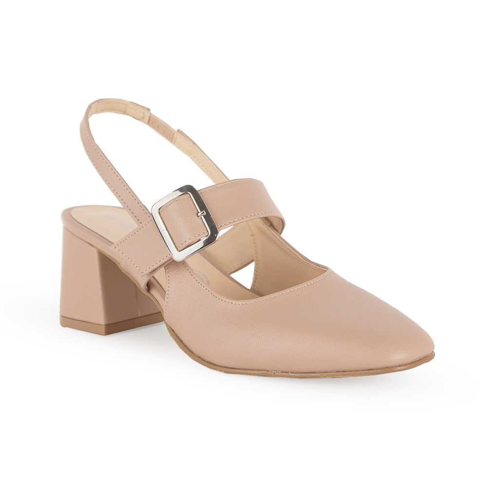 Vista diagonal de zapatilla maquillaje para mujer con punta cerrada, hebilla ajustable y tacón bajo de 5cm
