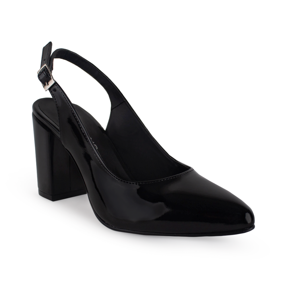 Vista diagonal de zapatilla negra para mujer con punta cerrada destalonado y tacón bloque de 8cm