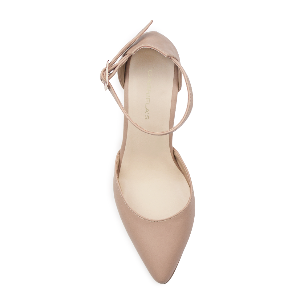vista superior de zapatillas maquillaje con tacón medio 8cm y terminación en punta para dama 