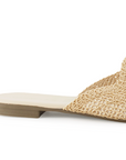 Vista trasera de flats tipo mules beige de piso para mujer de meter con punta calada de diseño trenzado 