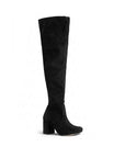 Vista diagonal de botas negras altas con tacón medio 8cm y cierre lateral para dama 