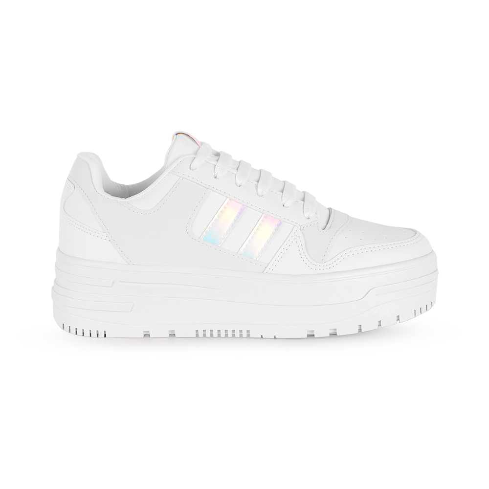 Vista lateral de tenis blanco de agujetas para mujer con plataforma de 5cm y perforaciones 