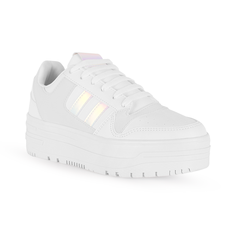 vista lateral de tenis blanco para mujer con agujetas y plataforma baja de 5cm 