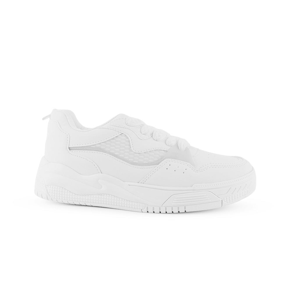 Vista lateral de tenis blanco para mujer con agujetas planas y plataforma baja de 4cm
