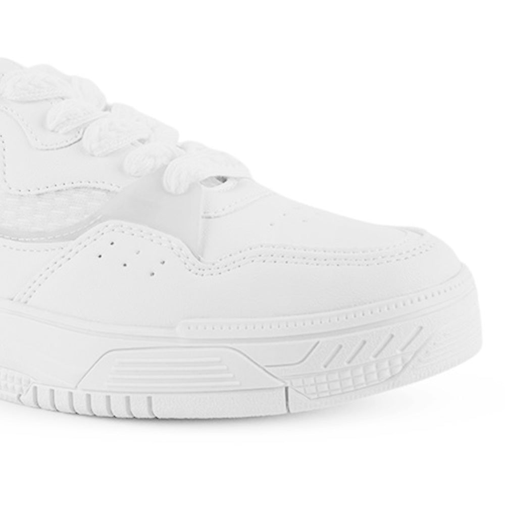 Vista de punta redonda en tenis blanco  para mujer con agujetas planas y plataforma baja de 4cm