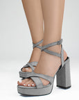 Zapatillas plata con tiras cruzadas y correa ajustable de plataforma con tacón alto 11cm para dama 