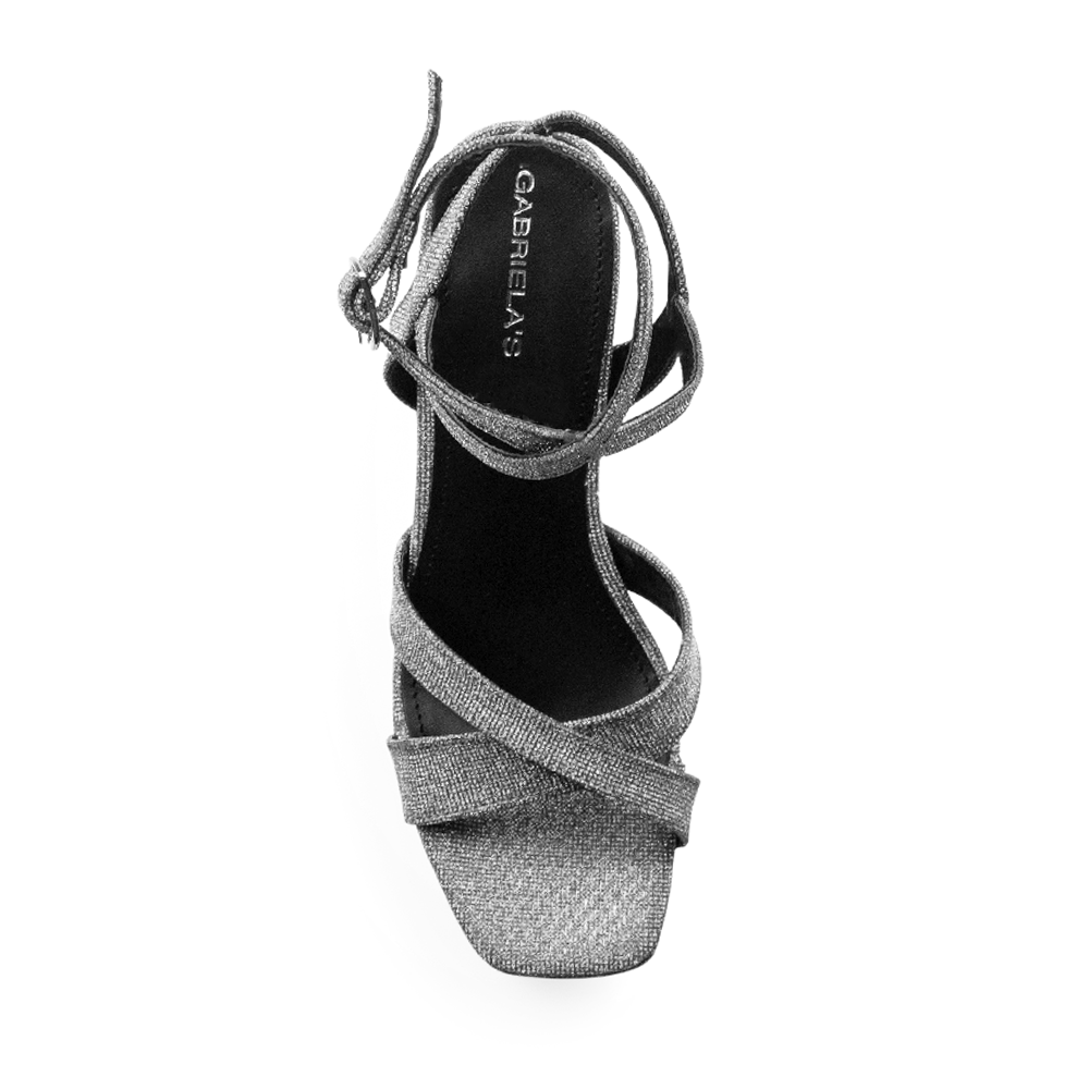 vista superior de zapatillas plata para dama con tiras cruzadas al frente y correa ajustable con tacón alto 11cm para dama 