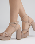 Zapatillas maquillaje con tiras cruzadas y correa ajustable de plataforma con tacón alto 11cm para dama 