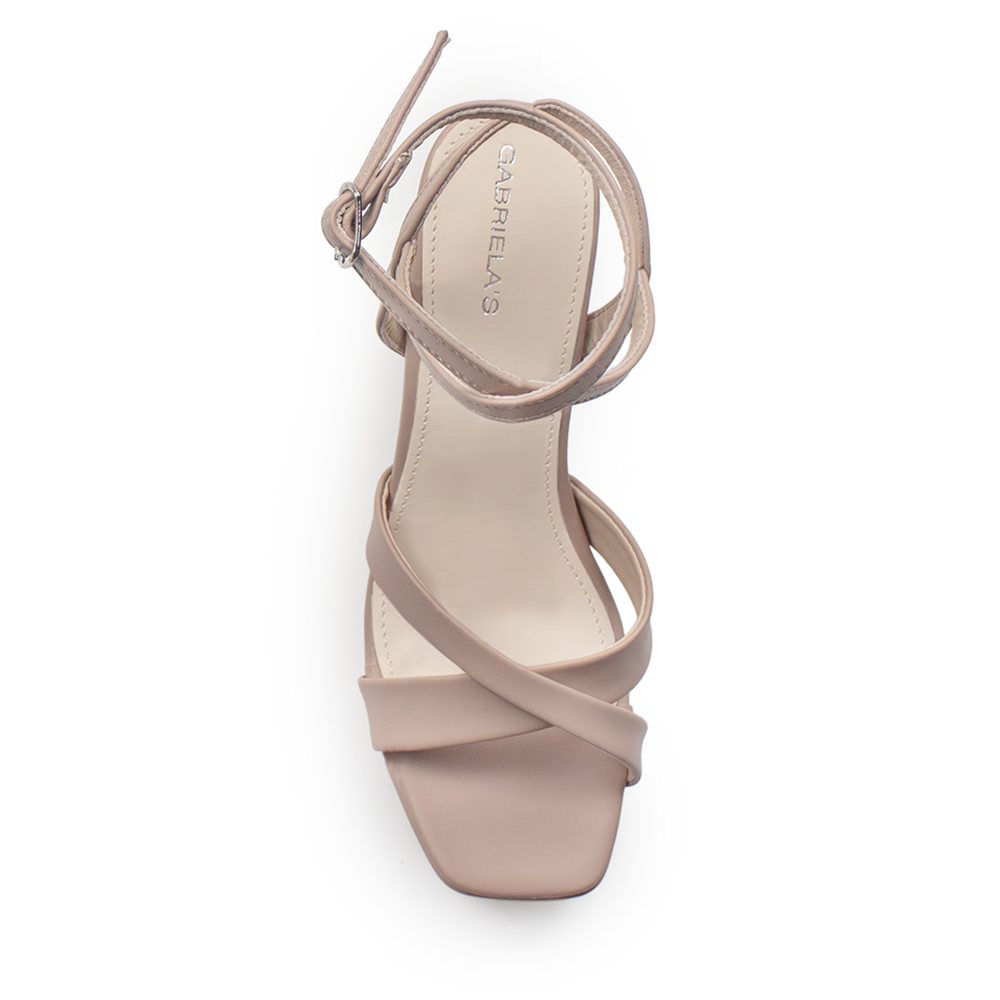 vista superior de zapatillas maquillaje para dama con tiras cruzadas al frente y correa ajustable con tacón alto 11cm para dama 