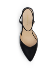 Vista superior de zapatilla negra para mujer con punta fina correa ajustable y tacón bajo de 5cm