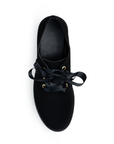 Vista superior de mocasín negro para mujer con agujetas de listo, punta redonda y tacón bajo de 5cm