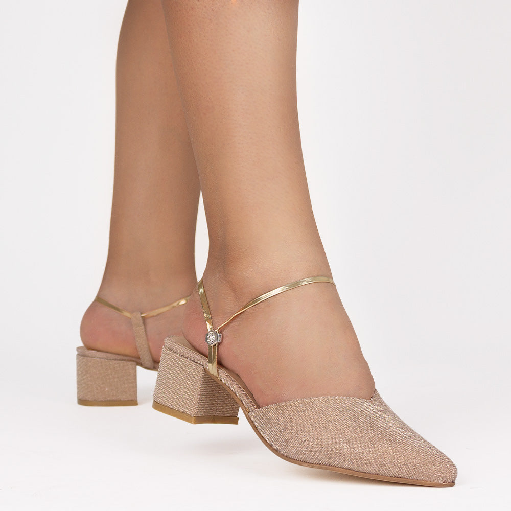 Zapatillas oro para mujer con punta fina correa ajustable y tacón cuadrado bajo de 5cm