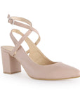 Vista diagonal de zapatilla maquillaje para mujer con punta fina, hebilla ajustable y tacón medio de 7cm
