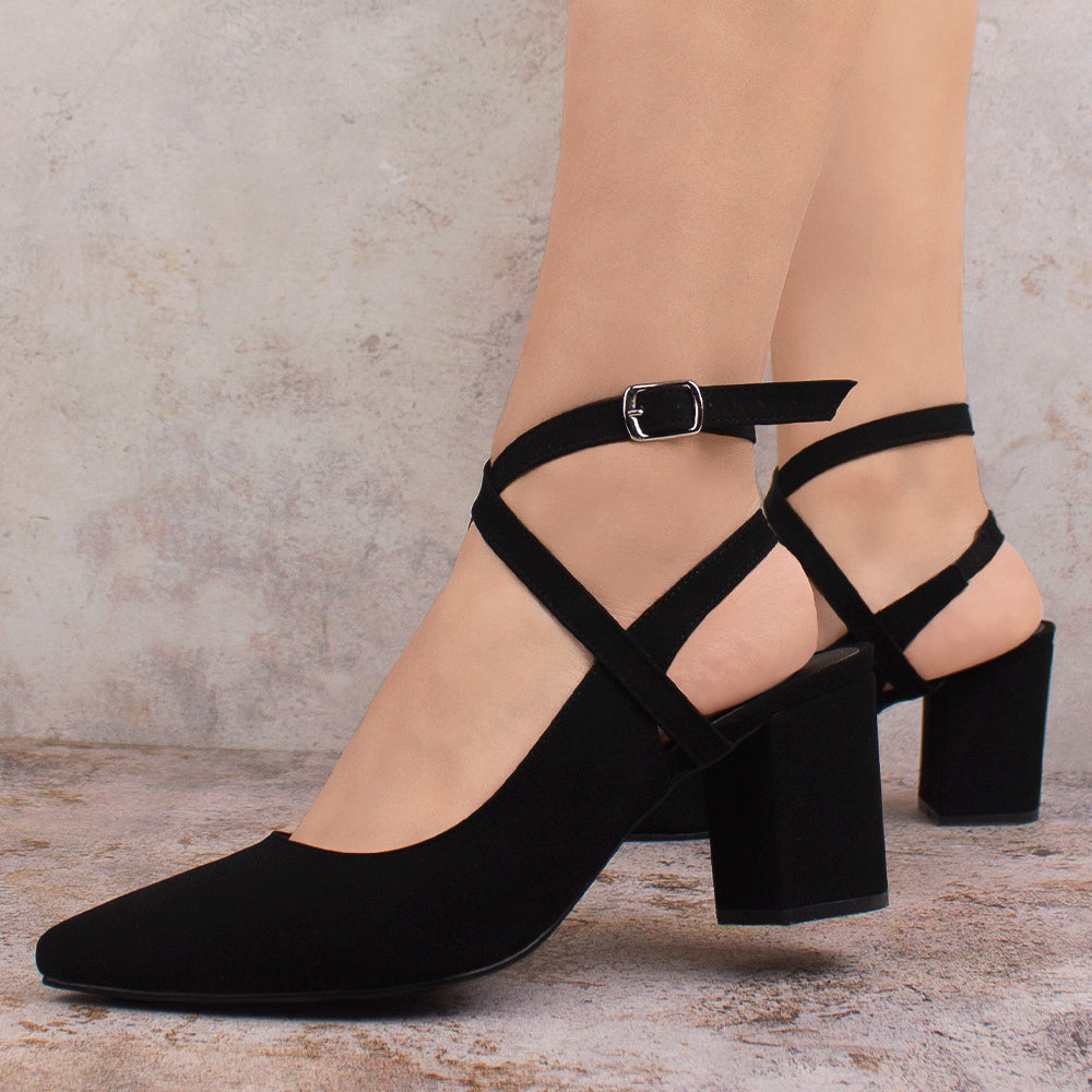 Zapatillas negras para mujer con tacón ancho de 7cm y tiras cruzadas 