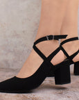 Zapatillas negras para mujer con tacón ancho de 7cm y tiras cruzadas 