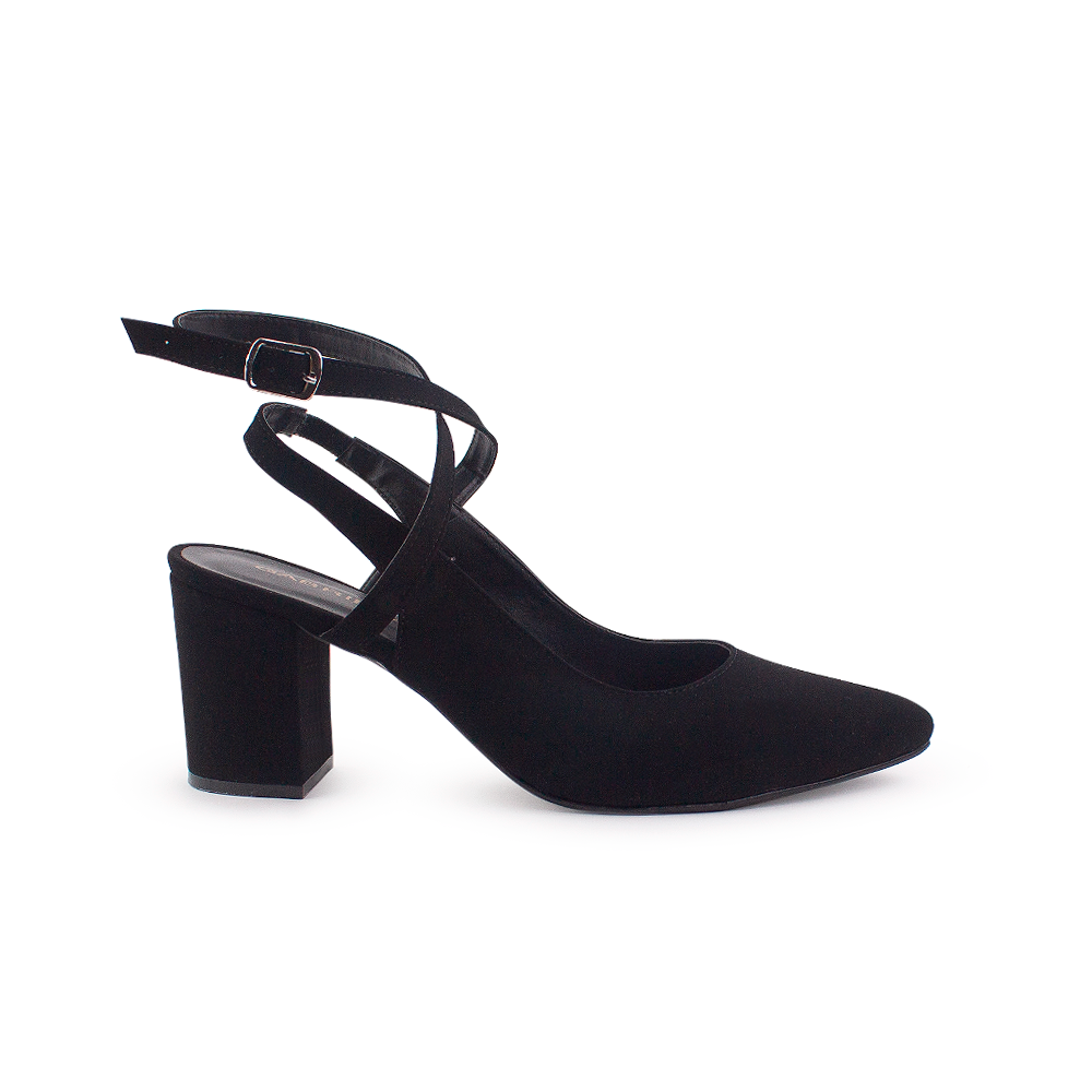 Vista lateral de zapatilla negras para mujer con punta fina, tiras cruzadas y tacón ancho de 7cm