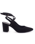 Vista lateral de zapatilla negras para mujer con punta fina, tiras cruzadas y tacón ancho de 7cm