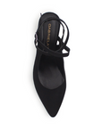 Vista superior de zapatilla negra para mujer  con punta fina y tiras cruzadas 