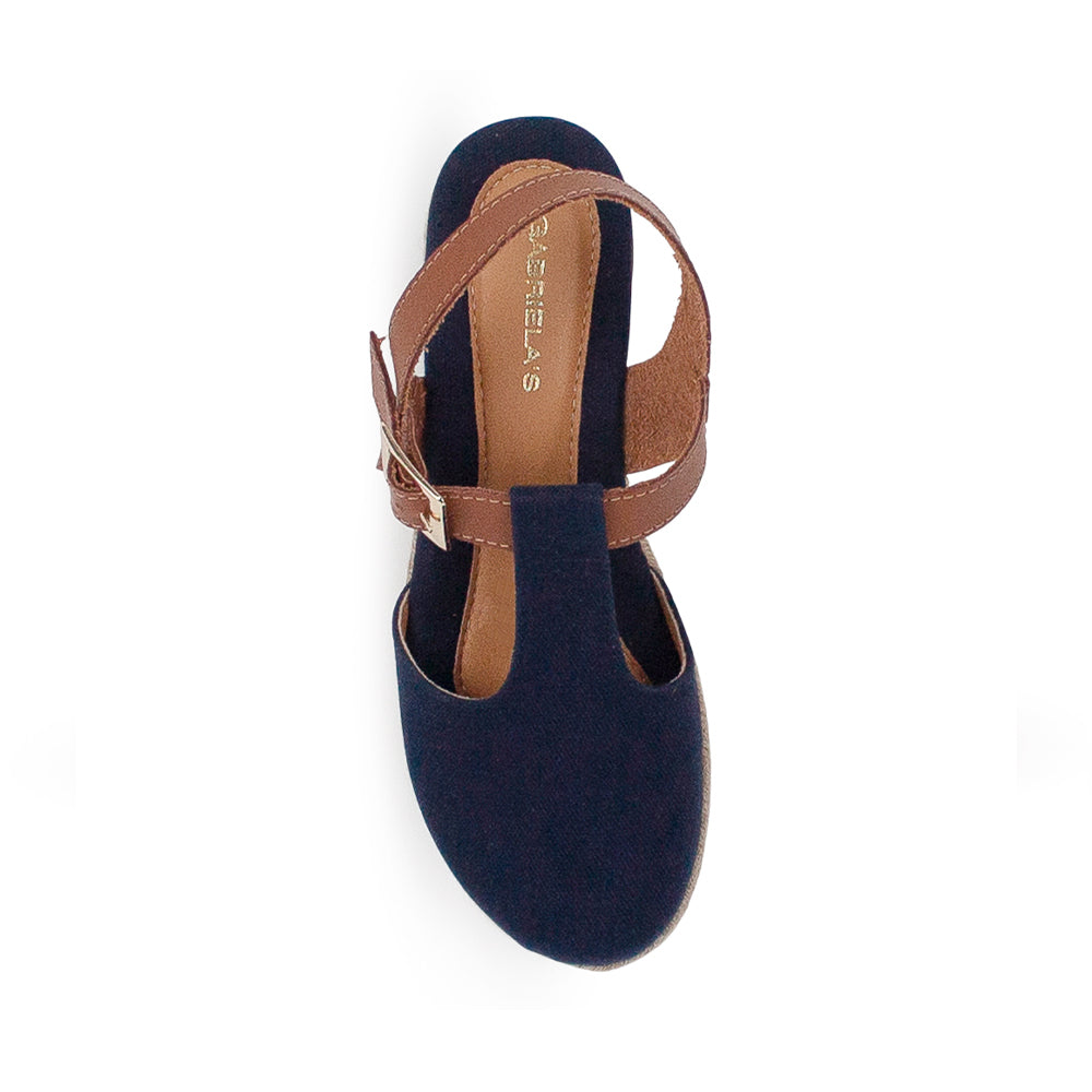vista superior de plataformas azules con pulsera ajustable café para dama y plataforma baja 5cm