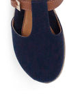 vista superior de plataformas azules para dama con pulsera ajustable café y plataforma baja 5 cm 
