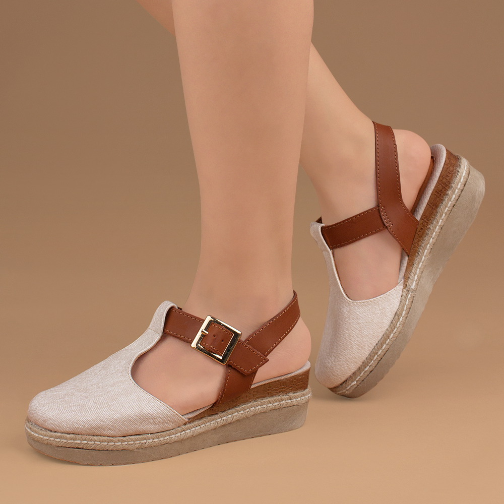 plataformas beige café para dama con correa ajustable al tobillo y hebilla oro plataforma baja 5 cm 