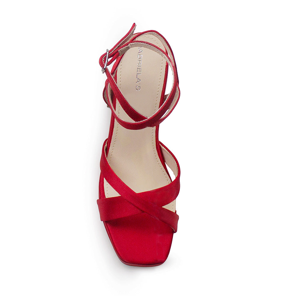 vista superior de zapatillas rojas para dama con tiras cruzadas al frente y correa ajustable con tacón alto 11cm para dama 