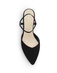 Vista superior de zapatilla negra para mujer con punta fina correa ajustable y tacón bajo de 5cm