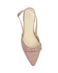 Vista superior de zapatilla maquillaje destalonada para mujer con punta fina y tacón bajo de 3cm