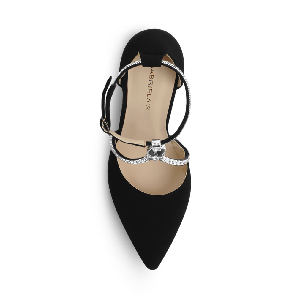 Vista superior de zapatilla negra para mujer con punta fina cerrada pedrería y pulsera ajustable