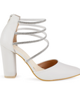 vista lateral de zapatillas beige con punta fina ajuste en cremallera trasera y tiras con pedrería tacón medio 10cm 