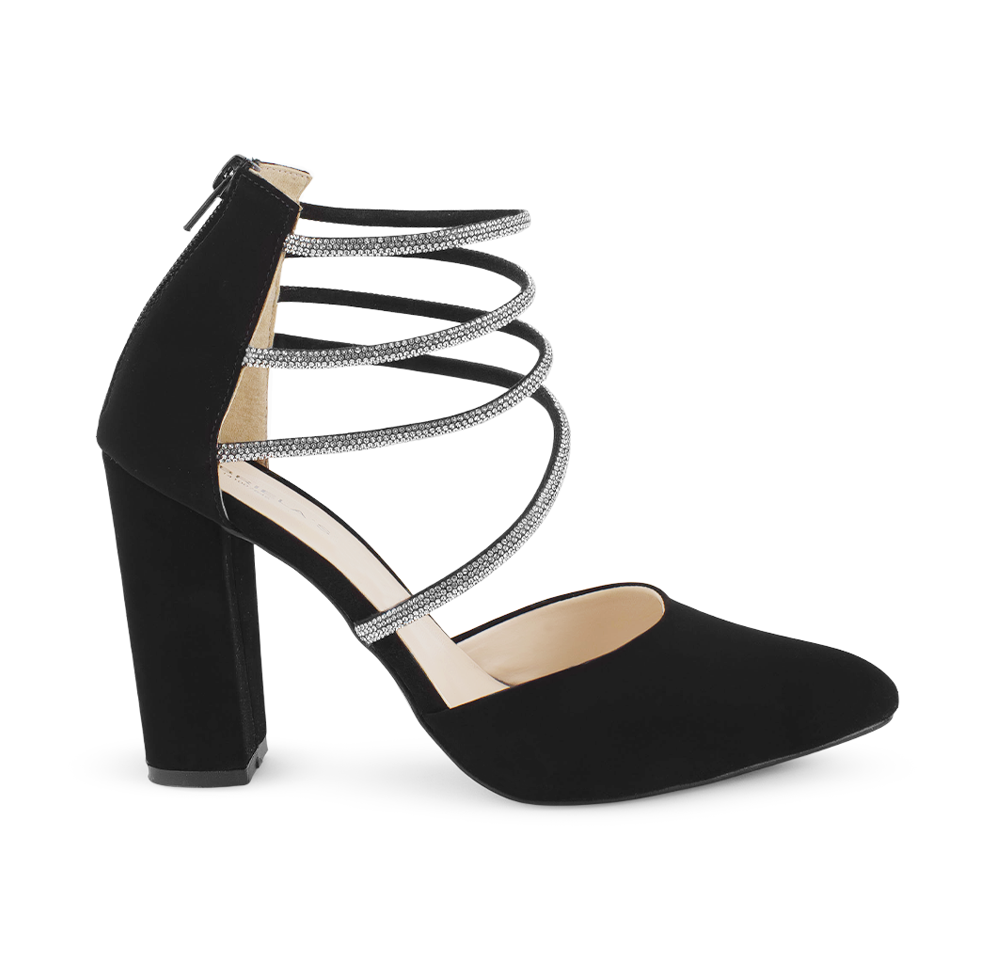 vista lateral en zapatillas negras para dama con tacón medio 10cm y tiras con pedrería de dama