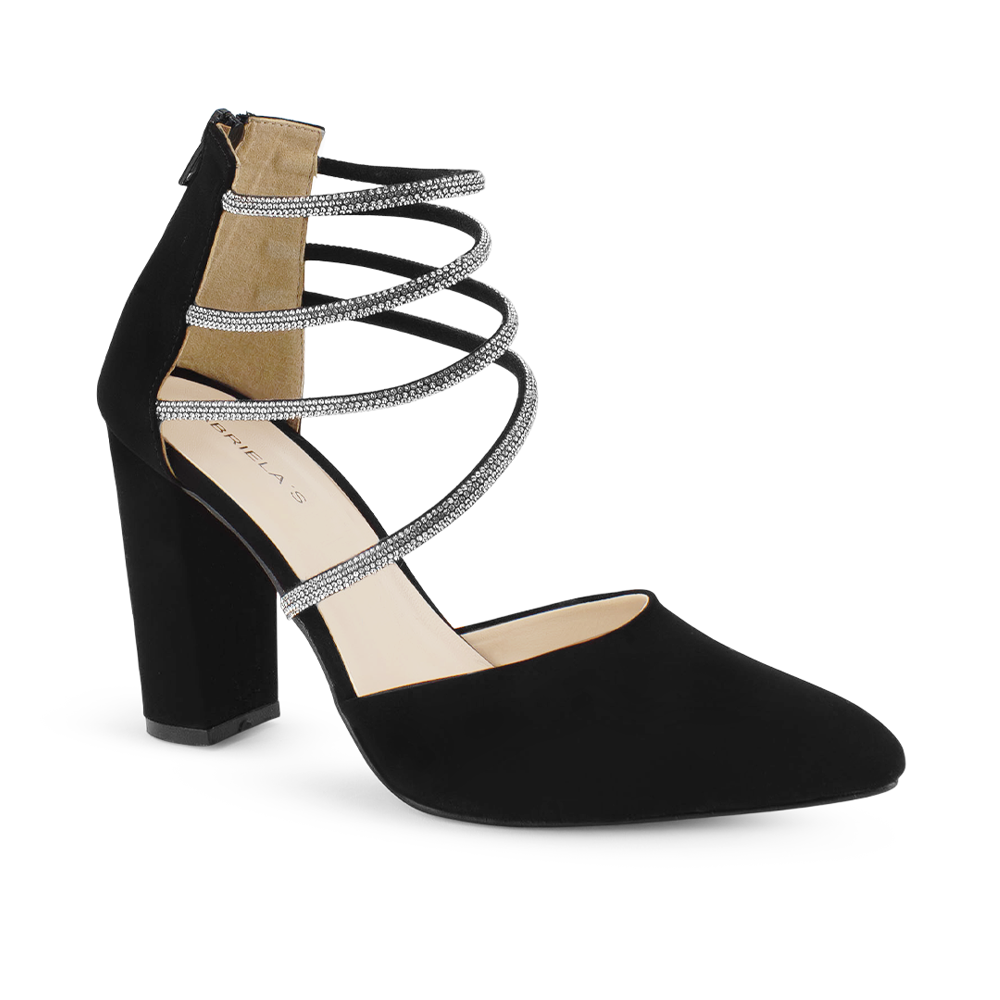 vista diagonal en zapatillas negras de dama con tiras de pedrería y tacón medio 8 cm