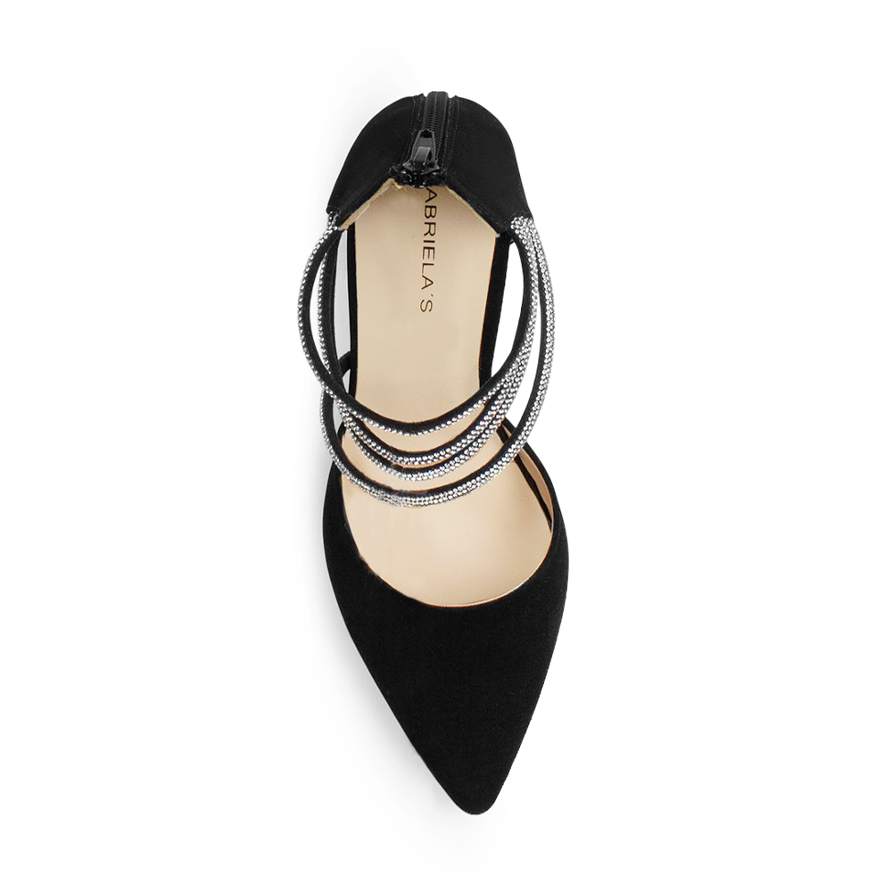vista superior en las zapatillas para dama con punta fina y tiras de pedrería tacón medio 10cm 