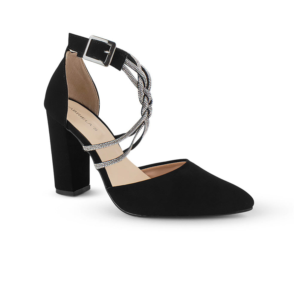 Vista diagonal de la zapatilla negra con tiras trenzadas de pedrería pulsera ajustable y tacón medio 10 cm para dama  