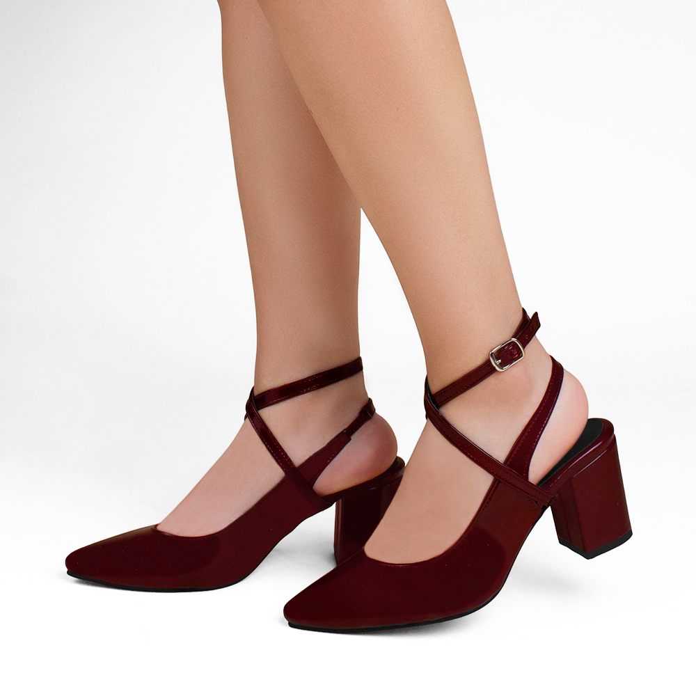 Zapatillas vino para mujer con tacón ancho de 7cm y tiras cruzadas 