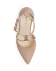 Vista superior de zapatilla nude para mujer con punta fina cerrada pedrería y pulsera ajustable