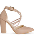 Vista lateral de la zapatilla nude para dama con tiras de pedrería tacón medio 10 cm y pulsera ajustable al tobillo con punta fina 