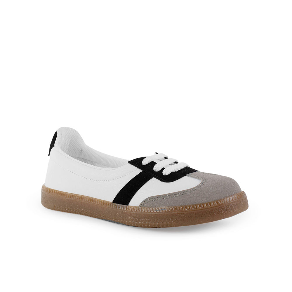 Vista diagonal de tenis blanco con negro  para dama casual con suela baja 2cm y agujetas 