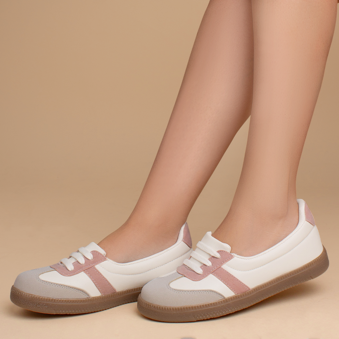 Tenis beige con rosa casuales de punta redonda con agujetas y suela baja 2cm para dama