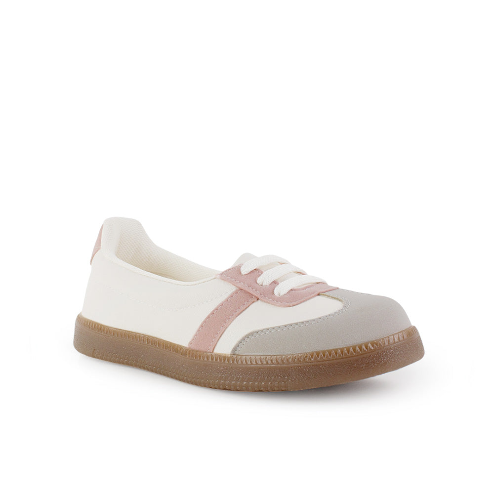 Vista diagonal de tenis beige con rosa para dama casual con suela baja 2cm y agujetas 