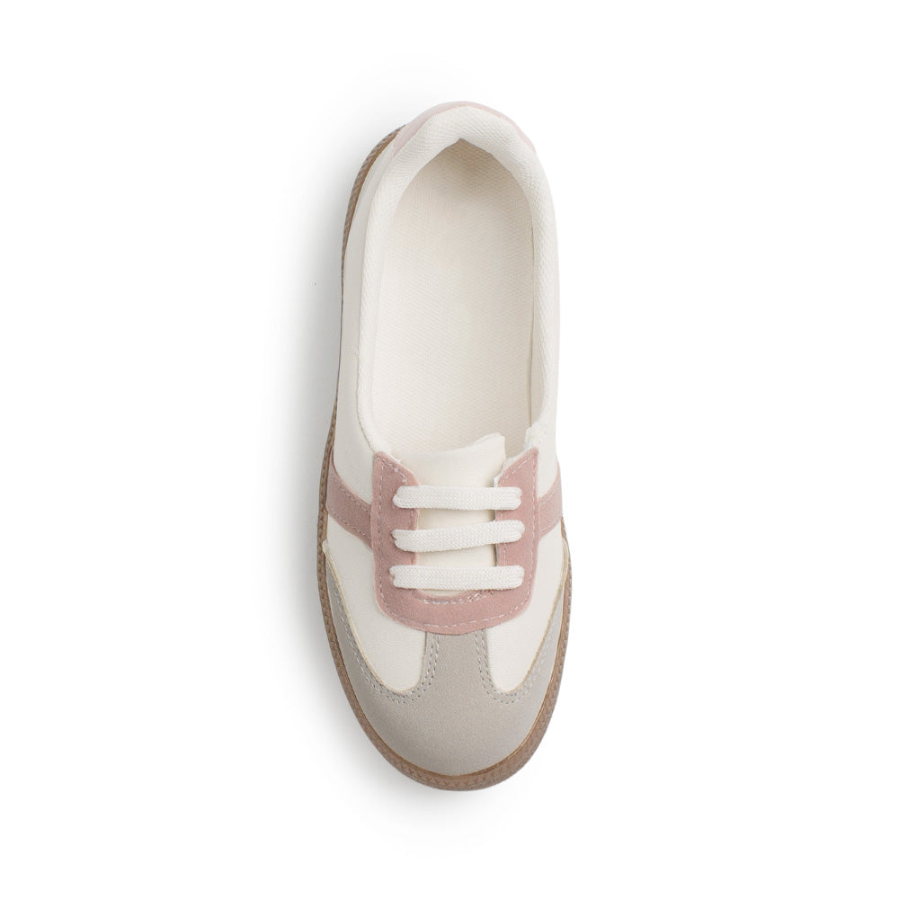 Vista superior de tenis beige con rosa para dama casual con suela baja 2cm 